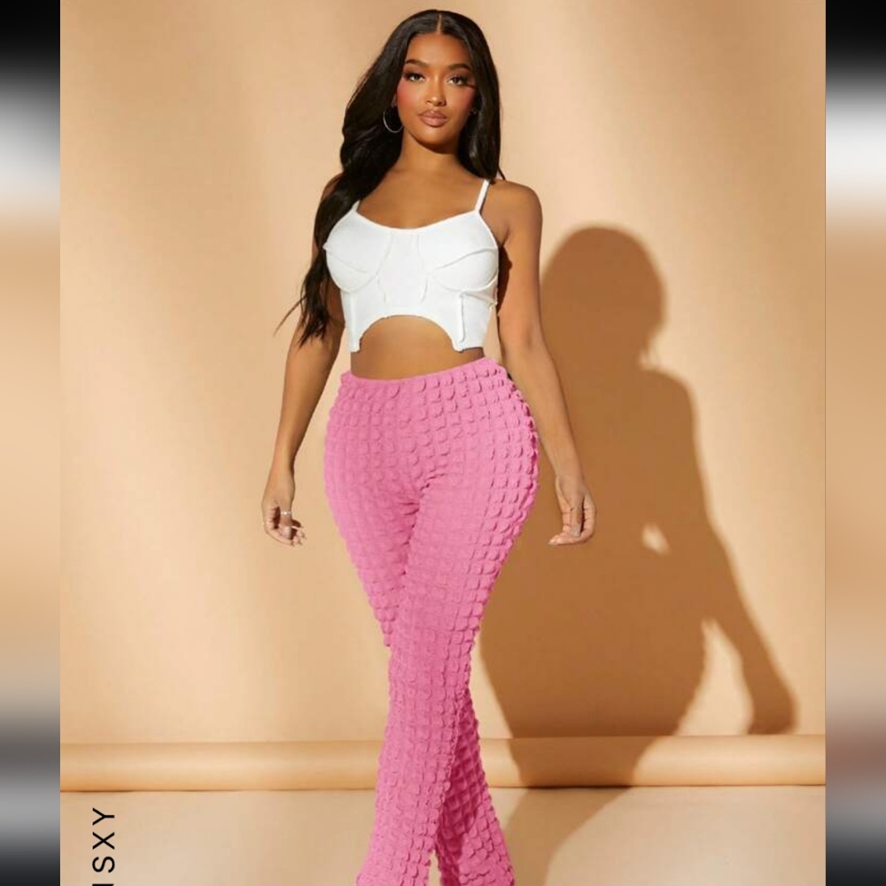 Pink Textured Popcorn Pants Plus Size